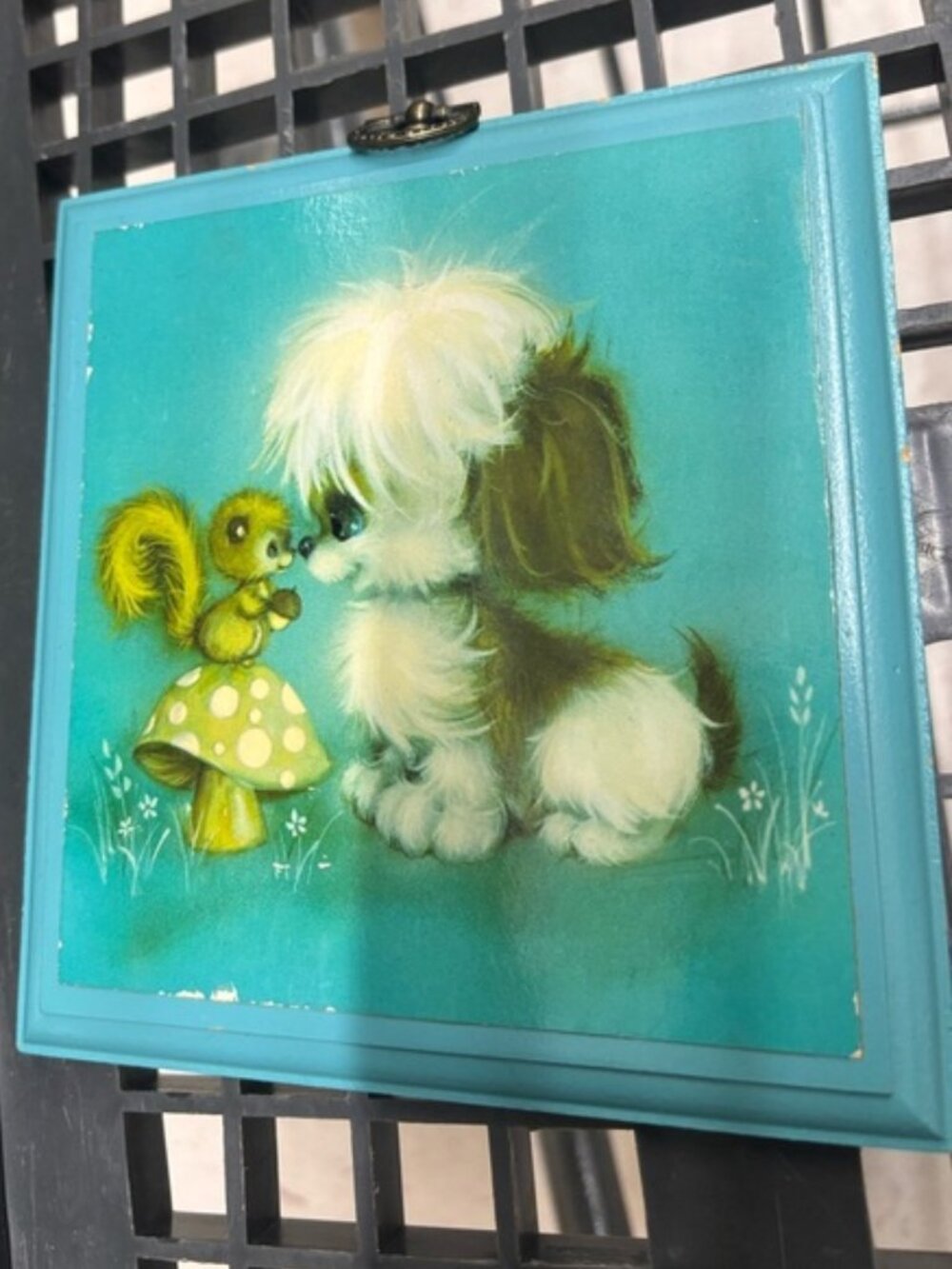 Vintage Wall Plaque with Dog and Squirrel, Turquoise Teal Kitsch Hanging Decor